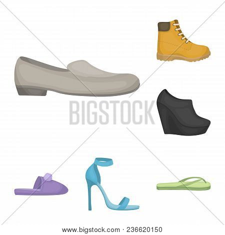 A Variety Of Shoes Cartoon Icons In Set Collection For Design. Boot, Sneakers Vector Symbol Stock  I