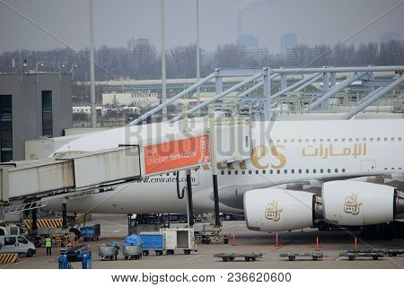 Amsterdam Airport Schiphol  The Netherlands -  April 14th 2018: A6-edu Emirates Airbus A380 At The G