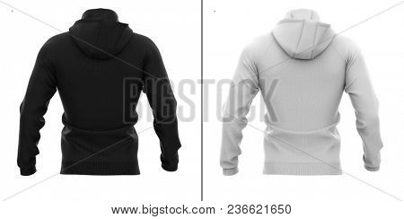 Men's hoodie. Sweatshirt with pocket. Back view. 3d rendering. Clipping paths included: whole object, hood, sleeve, rope tie, pocket. Highlights and shadows template mock-up.