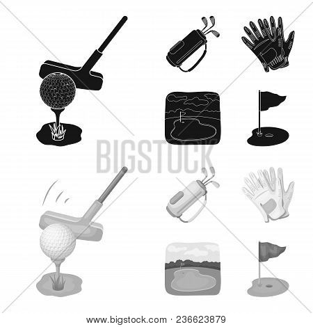 A Ball With A Golf Club, A Bag With Sticks, Gloves, A Golf Course.golf Club Set Collection Icons In 