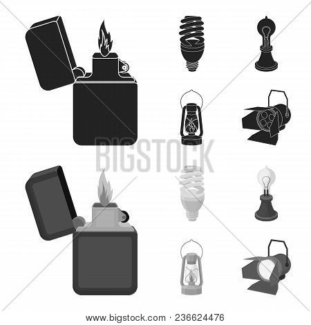 Lighter, Economical Light Bulb, Edison Lamp, Kerosene Lamp.light Source Set Collection Icons In Blac