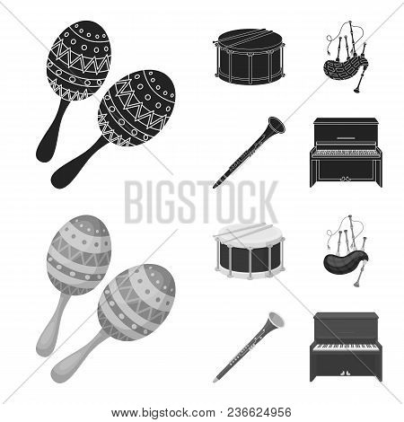Maracas, Drum, Scottish Bagpipes, Clarinet. Musical Instruments Set Collection Icons In Black, Monoc