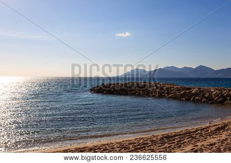 Cannes Beach Day View, France. Famous Town In South Of France. Promenade De La Croisette