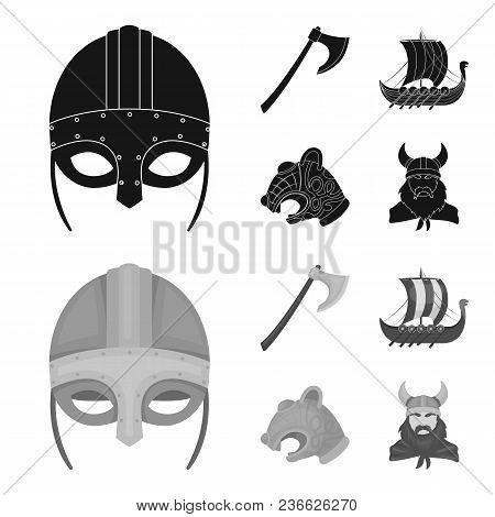 Viking Helmet, Battle Ax, Rook On Oars With Shields, Dragon, Treasure. Vikings Set Collection Icons 