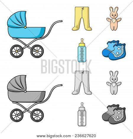 Stroller, Bottle With A Pacifier, Toy, Sliders.baby Born Set Collection Icons In Cartoon, Monochrome