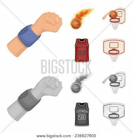 Basketball And Attributes Cartoon, Monochrome Icons In Set Collection For Design.basketball Player A
