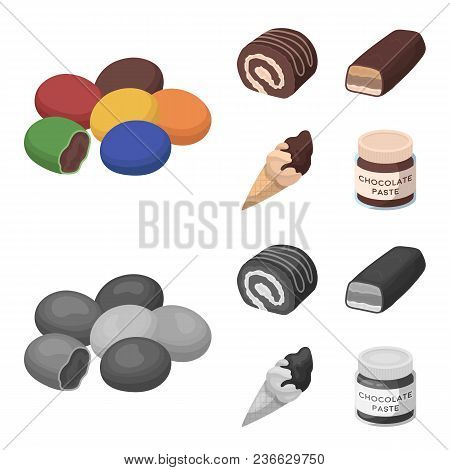 Dragee, Roll, Chocolate Bar, Ice Cream. Chocolate Desserts Set Collection Icons In Cartoon, Monochro