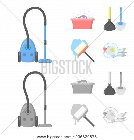 Cleaning And Maid Cartoon, Monochrome Icons In Set Collection For Design. Equipment For Cleaning Vec