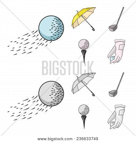A Flying Ball, A Yellow Umbrella, A Golf Club, A Ball On A Stand. Golf Club Set Collection Icons In 
