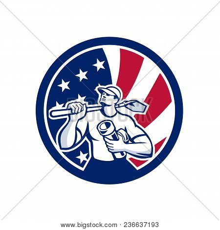 Icon Retro Style Illustration Of An American Drainlayer, Drainage Specialist, Construction Worker Ho