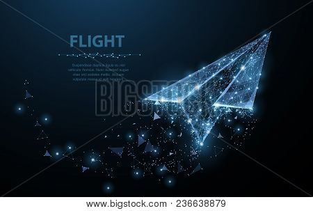 Paper Airplane. Low Poly Wireframe Mesh Looks Like Constellation On Dark Blue Background With Dots A
