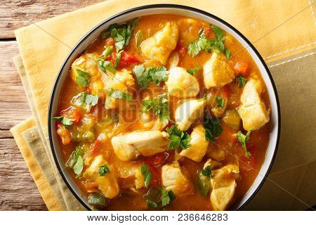 Brazilian Traditional Bobo Chicken With Vegetables In Coconut Milk Close-up. Horizontal Top View