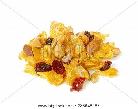 Crunchy Caramel Conflakes With Almonds, Cashew Nuts, Pumpkin Seeds And Dried Cranberries Isolated On