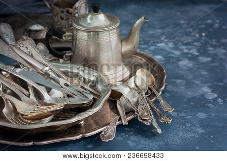 Vintage Old Utensils Made Of Nickel Silver, Tableware (kettle, Teaspoons, Tablespoons, Knives, Forks