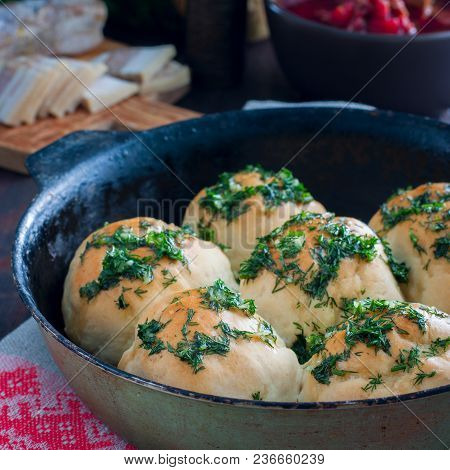 Pampushki With Garlic And Greens, Traditional Ukrainian Buns For Borsch, Selective Focus