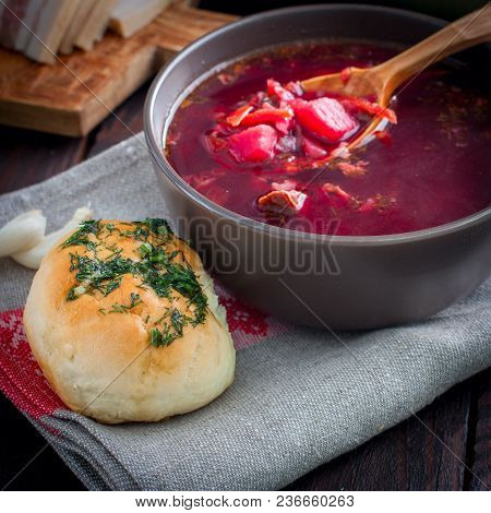 Pampushki With Garlic And Greens, Traditional Ukrainian Buns For Borsch, Selective Focus