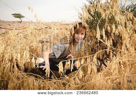 Girl Have Fun In Desert In A Summer Day
