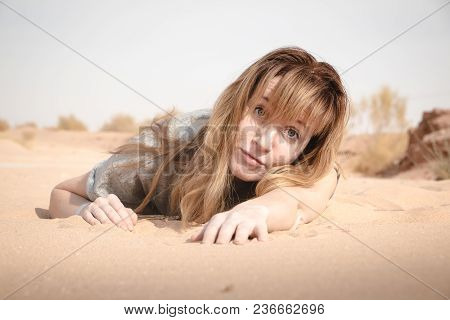 Girl Have Fun In Desert In A Summer Day