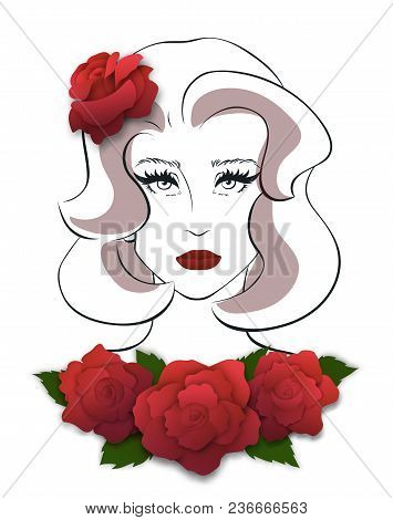 Front View Of Beautiful Young Woman. Red Rose In Her Hair. Outline Hand Drawn Female Portrait With P