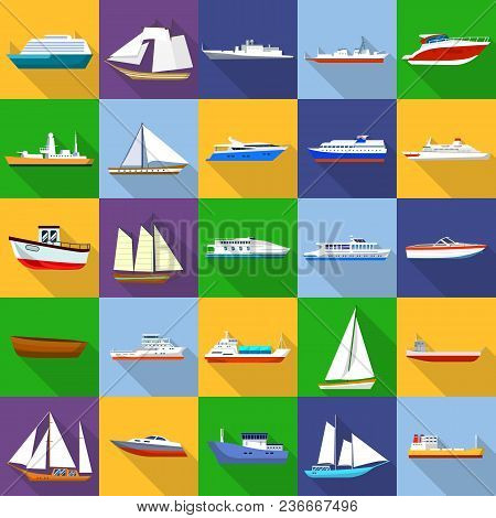 Marine Vessels Types Icons Set. Flat Illustration Of 25 Marine Vessel Type Vector Icons For Web