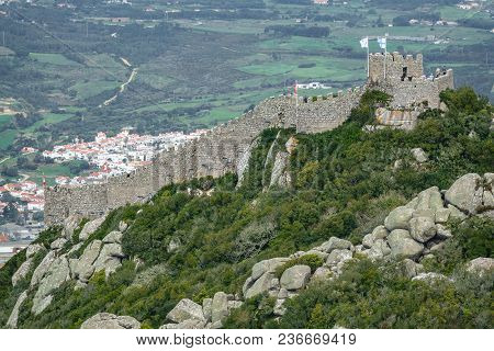 Long Shot Of Castle Of Moors Wall Profile In Sintra, Portugal