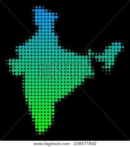 Halftone Round Dot India Map. Vector Territorial Map In Green-blue Gradient Colors On A Black Backgr