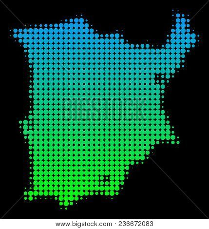 Halftone Circle Spot Koh Samui Map. Vector Territorial Map In Green-blue Gradient Colors On A Black 