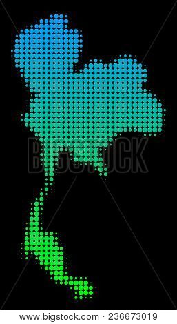 Halftone Circle Blot Thailand Map. Vector Territory Map In Green-blue Gradient Colors On A Black Bac