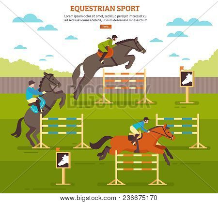 Equestrian Sport Horse Illustration With Pleasure Ground Scenery Horsemen And Barriers With Text And