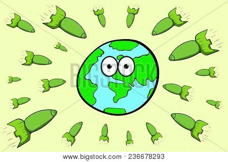 The Stylized Mother Earth Is Surrounded With Rockets