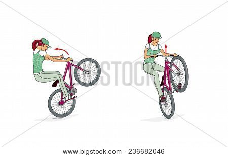 Bikes Jumping Ramps. A Girl On A Bicycle Trains A Rack, Turns And Jumps On A Bicycle Ramp. Bicycle J