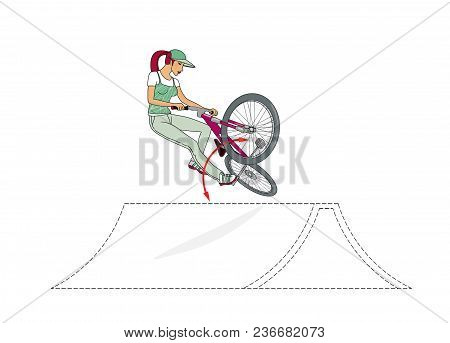Bikes Jumping Ramps. A Girl On A Bicycle Trains A Rack, Turns And Jumps On A Bicycle Ramp. Bicycle J