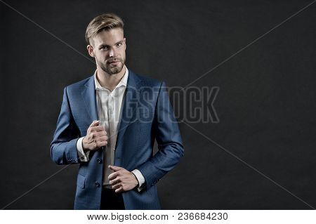Manager In Formal Outfit. Man In Blue Suit Jacket And Shirt. Businessman With Beard And Stylish Hair