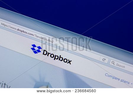 Ryazan, Russia - April 16, 2018 - Homepage Of Dropbox Cloud Service On The Display Of Pc
