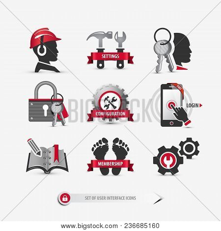 Set Of User Interface Icons Containing: Login And Register Symbols, Account And Profile Setting Butt
