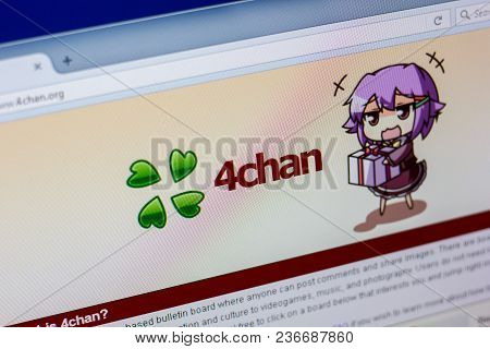 Ryazan, Russia - April 16, 2018 - Homepage Of 4chan Website On The Display Of Pc, Url - 4chan.org.