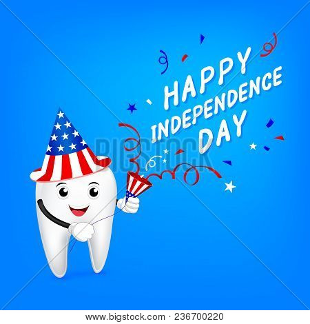 Cute Cartoon Tooth Character With Paper Shoot. Happy Usa Independence Day 4th Of July.  Great For De