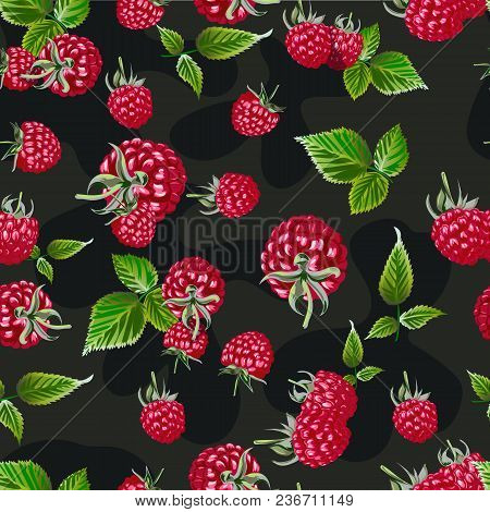 Raspberry Vector Seamless Pattern. Natural Fresh Bilberry Embroidery Background Pattern. Template Fo