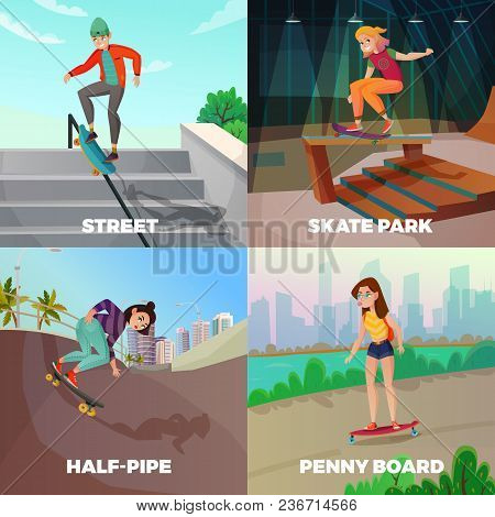 Extreme Skateboarding 2x2 Design Concept With Young People Skating On City Streets And Urban Constru