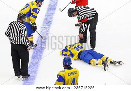 Kyiv, Ukraine - April 17, 2018: Hlib Krivoshapkin Of Ukraine Lies On Ice After Injured During The Ii