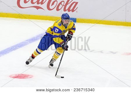 Kyiv, Ukraine - April 17, 2018: Olexander Peresunko Of Ukraine In Action During The Iihf 2018 Ice Ho