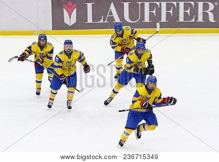 Kyiv, Ukraine - April 17, 2018: Players Of Ukraine National Team Reacts After Scored A Goal During T