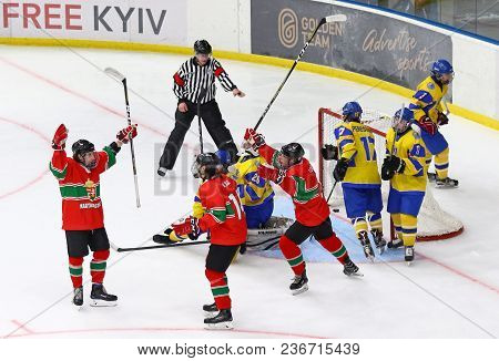 Kyiv, Ukraine - April 17, 2018: Players Of Hungary National Team Reacts After Scored A Goal During T