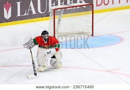 Kyiv, Ukraine - April 17, 2018: Goalkeeper Lajos Gonczi Of Hungary In Action During The Iihf 2018 Ic