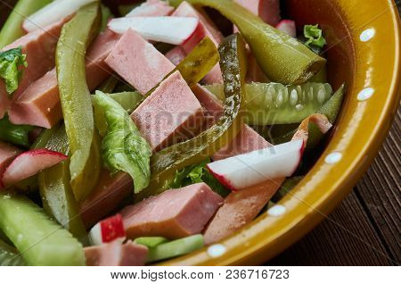 Bavarian Cuisine , Traditional Bayrischer Wurst Salat , Close Up