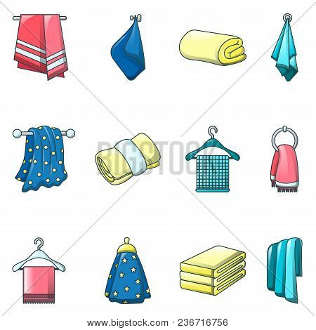 Towel Hanging Spa Bath Icons Set. Cartoon Illustration Of 12 Towel Hanging Spa Bath Vector Icons For