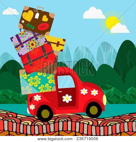 Car With Luggage Going To The Trip . Vector Illustration.