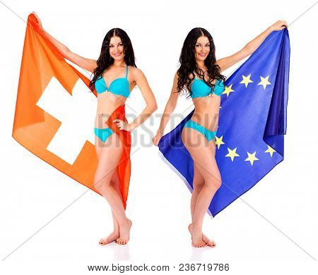 Collage Young beautiful brunette women in blue bikini holding a large flag of Switzerland and European, isolated on white background