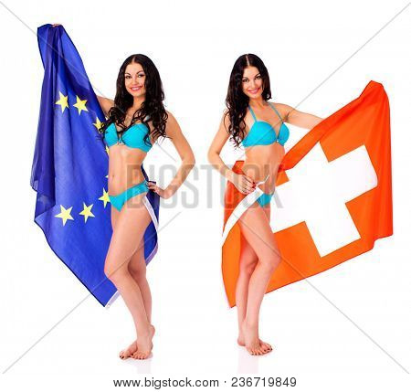 Collage Young beautiful brunette women in blue bikini holding a large flag of Switzerland and European, isolated on white background