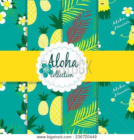 Seamless Vector Patterns Collection With Tropical Flowers , Palm Leaves. Funny Pineapples.